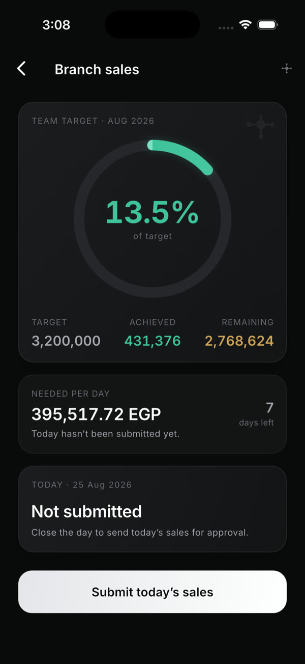 OpsHub branch sales against the monthly target.