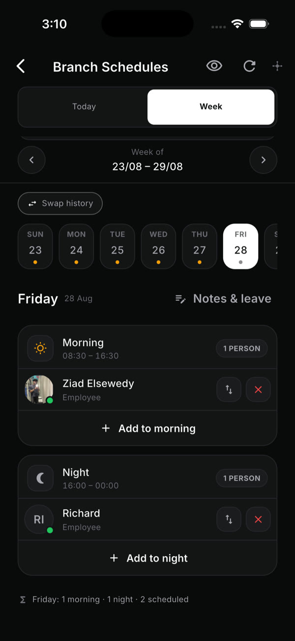 OpsHub branch schedules with the week’s shifts.
