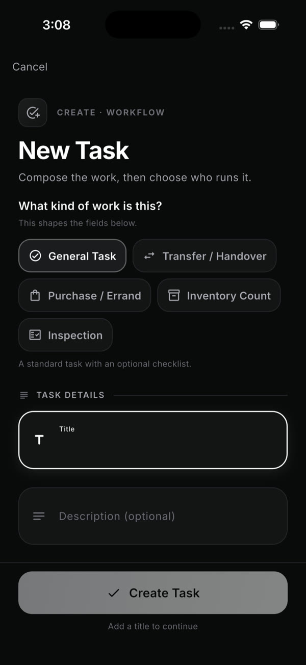 New task: pick the kind of work, then who runs it.